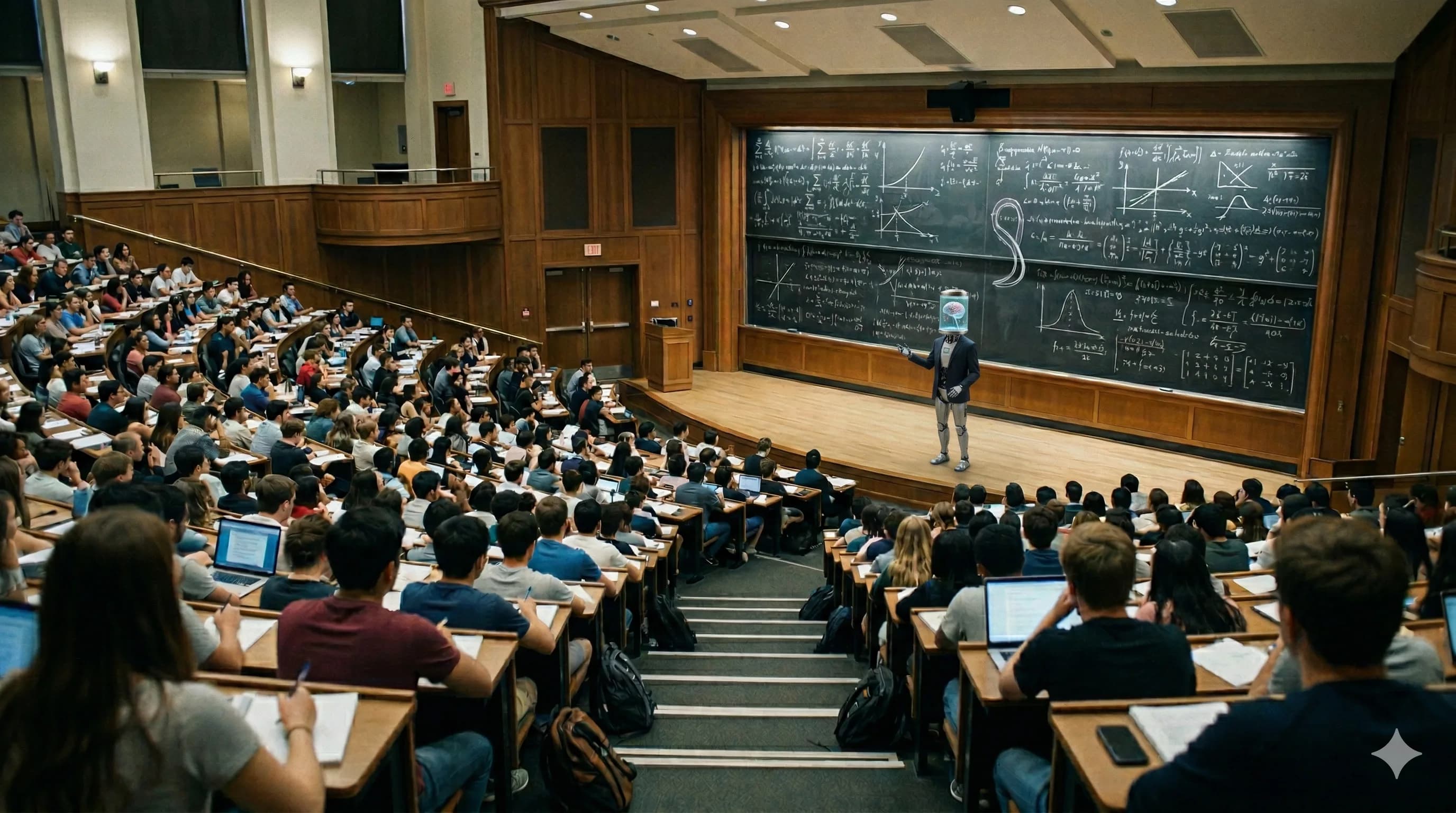 A humanoid robot stands on a stage in front of a large chalkboard filled with mathematical formulas, teaching a crowded lecture hall full of students.