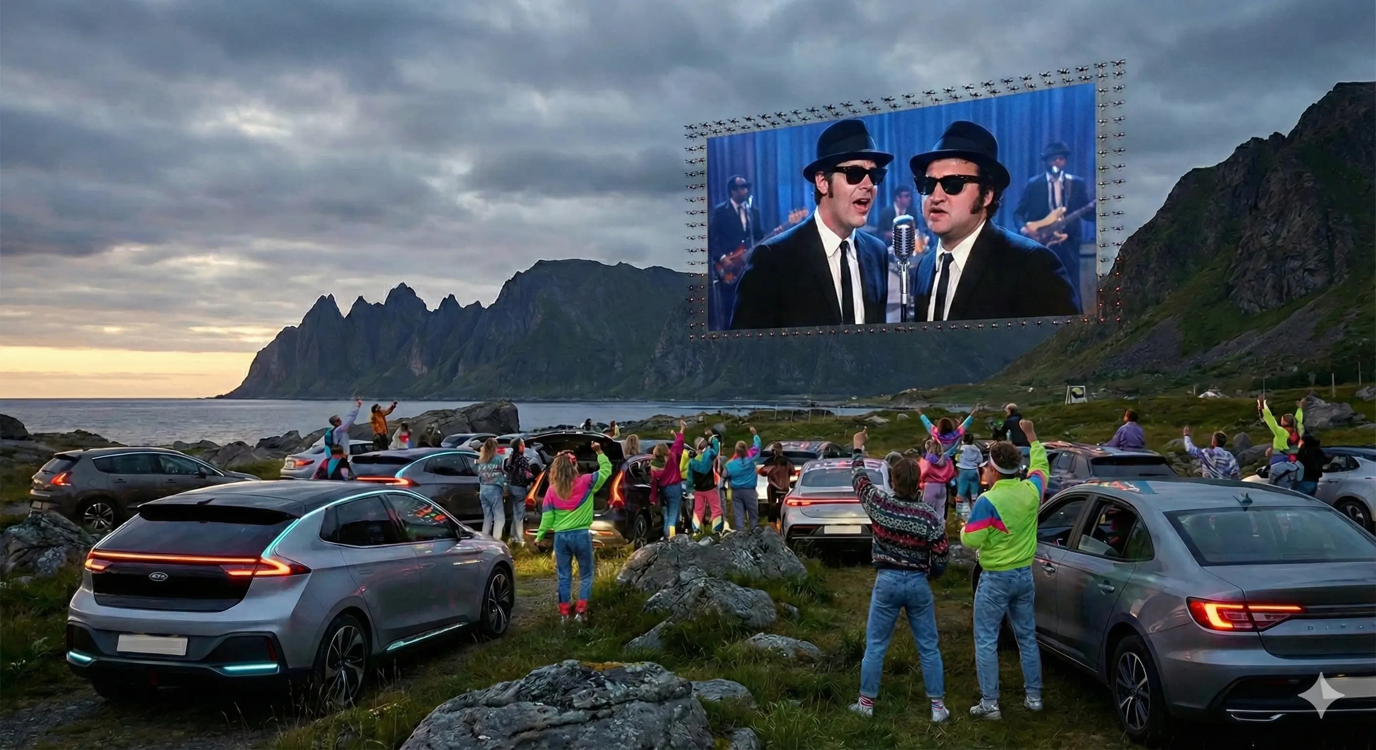 Coastal drive-in cinema where drones hold up a large movie screen as people watch beside their cars