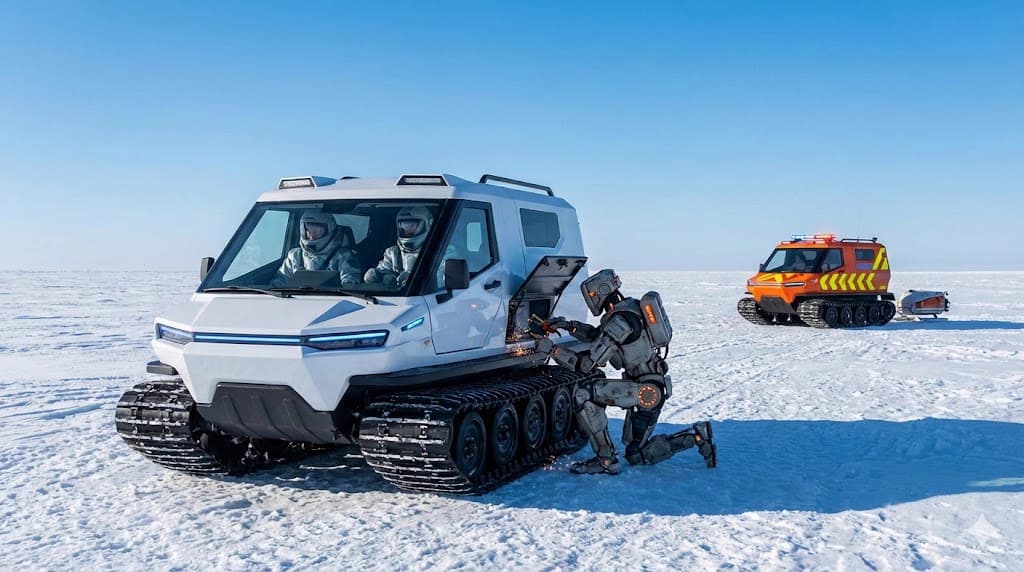 Humanoid robot repairing a snow vehicle as an identical orange emergency rescue vehicle stands in the background on a sunlit snow plain
